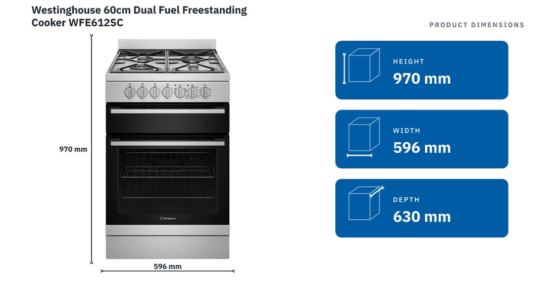 Westinghouse 60cm Dual Fuel Freestanding Cooker WFE612SC — product dimensions