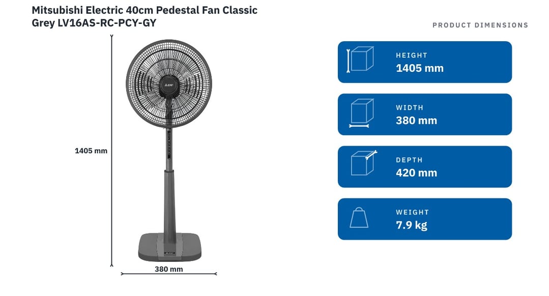 Mitsubishi Electric 40cm Pedestal Fan Classic Grey LV16AS-RC-PCY-GY