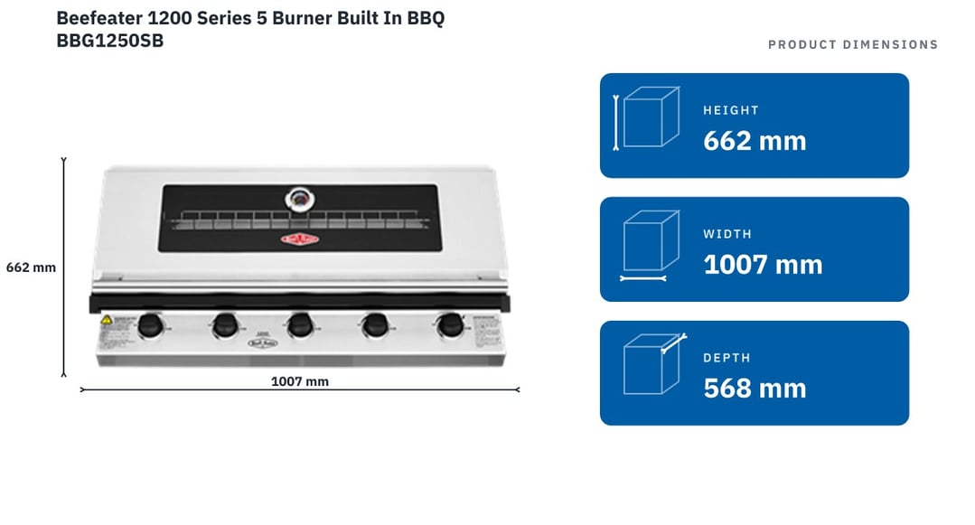 Beefeater 1200 Series 5 Burner Built In BBQ BBG1250SB — product dimensions