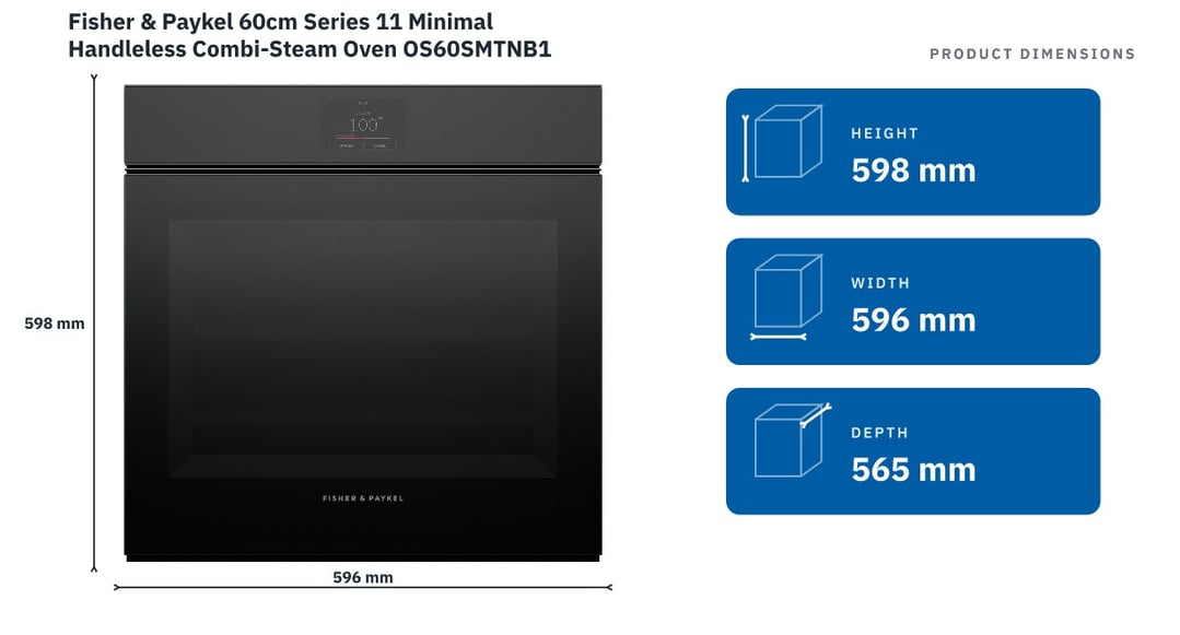 Fisher & Paykel 60cm Series 11 Minimal Handleless Combi-Steam Oven OS60SMTNB1 — product dimensions