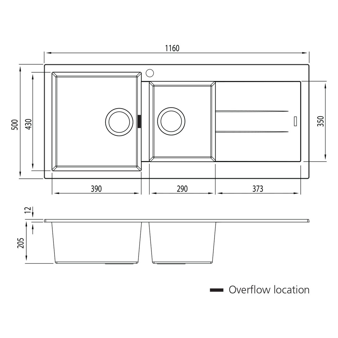 Oliveri Santorini 1 & 3/4 Bowl Topmount Sink With Drainer - Black ST-BL1511OF