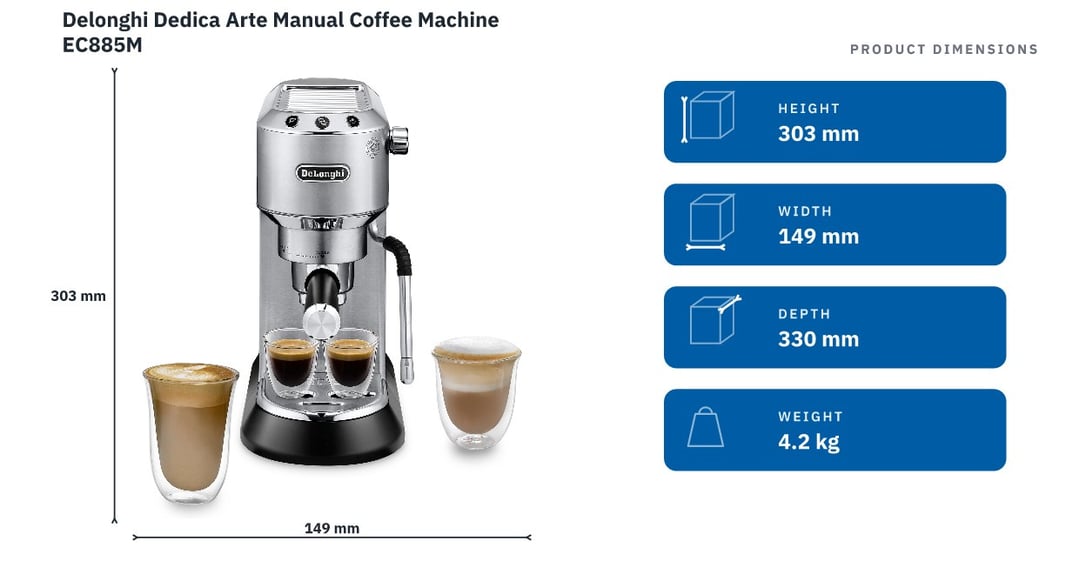 Delonghi Dedica Arte Manual Coffee Machine EC885M — product dimensions