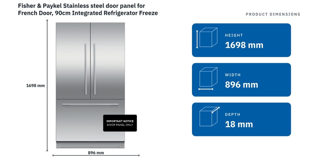 Fisher & Paykel Stainless steel door panel for French Door, 90cm Integrated Refrigerator Freezer RD90A — product dimensions