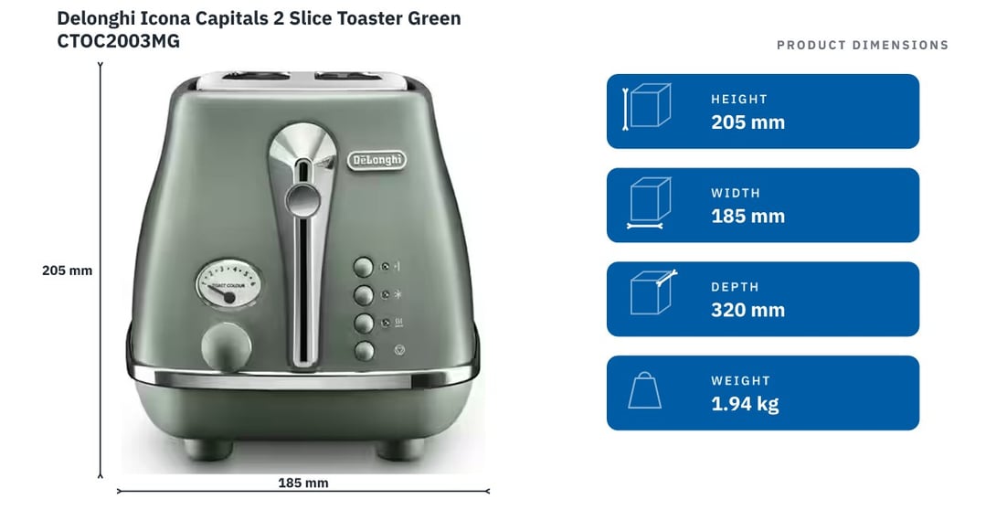 Delonghi Icona Capitals 2 Slice Toaster Green CTOC2003MG — product dimensions