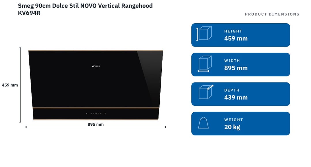 Smeg 90cm Dolce Stil NOVO Vertical Rangehood KV694R — product dimensions