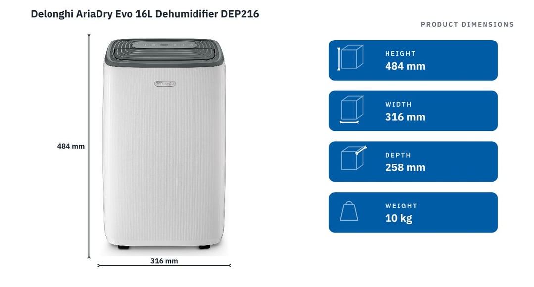 Delonghi AriaDry Evo 16L Dehumidifier DEP216 — product dimensions