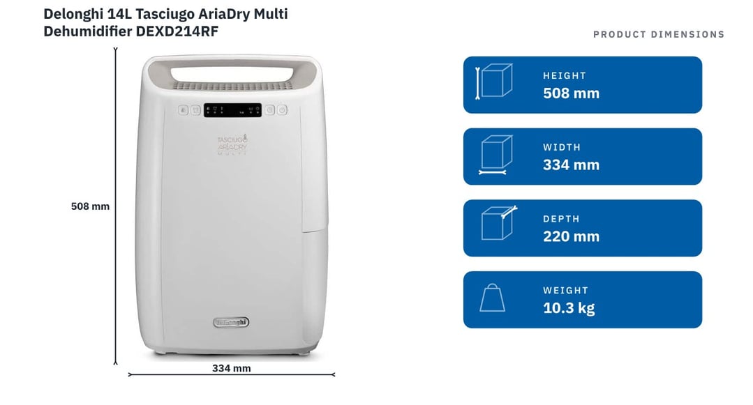 Delonghi 14L Tasciugo AriaDry Multi Dehumidifier DEXD214RF — product dimensions