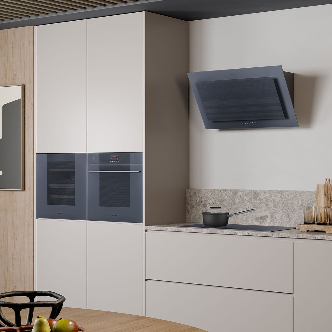 Linea 90cm vertical rangehood in a modern kitchen with built-in appliances