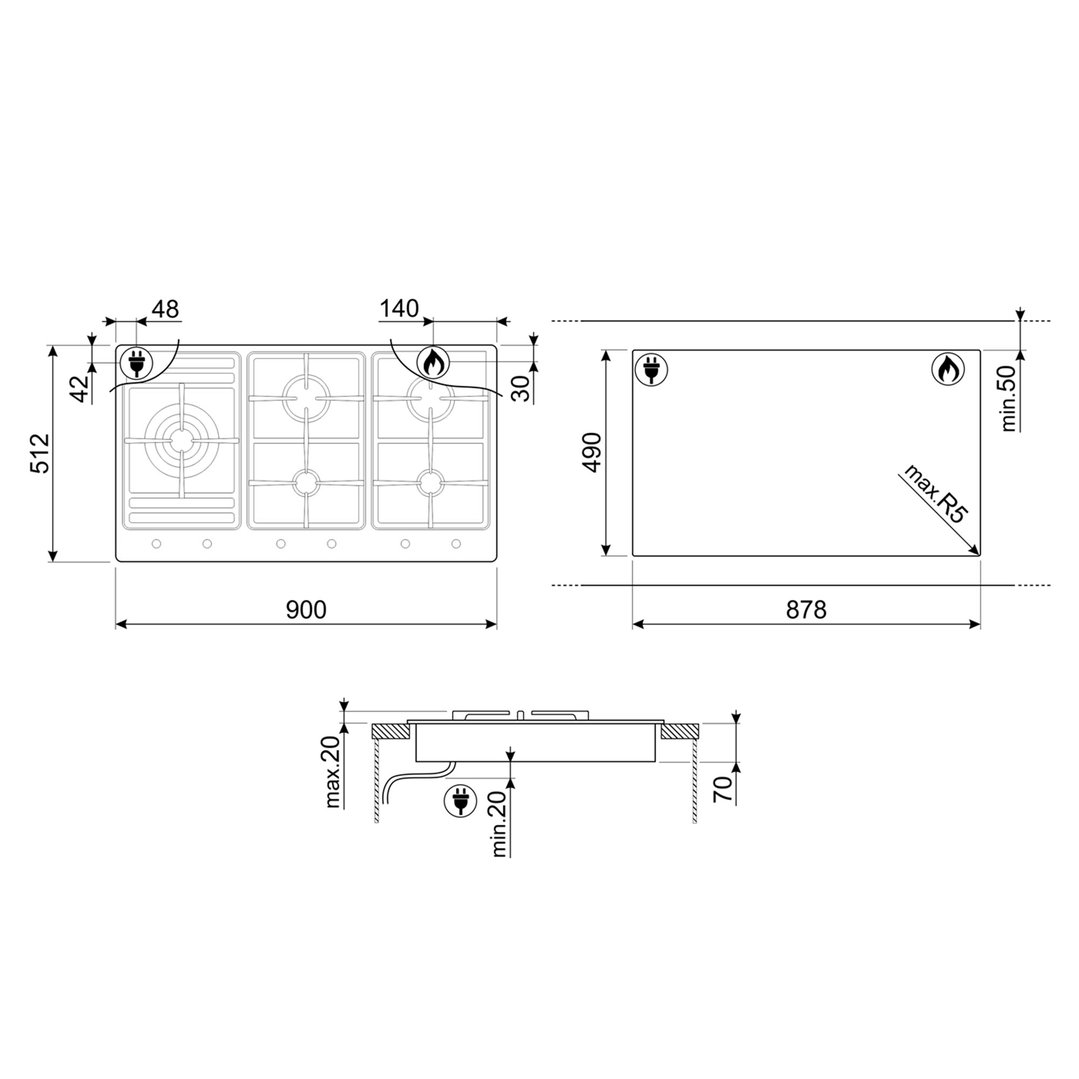 Smeg Classic 90cm 5 Burner Gas Cooktop Ultra Low Profile PSA9062