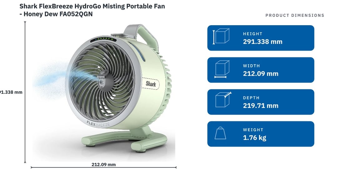 Shark FlexBreeze HydroGo Misting Portable Fan - Honey Dew FA052QGN — product dimensions