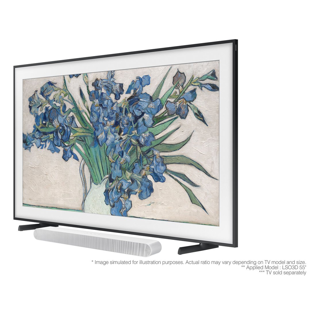 A soundbar positioned below a TV displaying a painting of blue irises