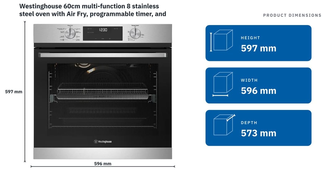 Westinghouse 60cm multi-function 8 stainless steel oven with Air Fry, programmable timer, and 80L WVE6516SD — product dimensions