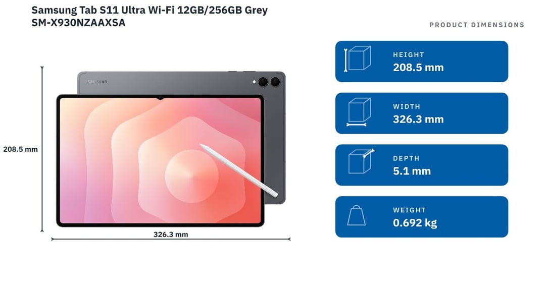 Samsung Tab S11 Ultra Wi-Fi 12GB/256GB Grey SM-X930NZAAXSA — product dimensions