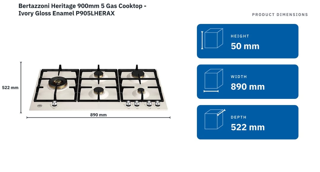 Bertazzoni Heritage 900mm 5 Gas Cooktop - Ivory Gloss Enamel P905LHERAX — product dimensions
