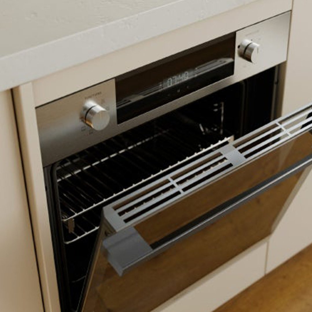 Built-in oven with the door slightly ajar, showing the interior racks
