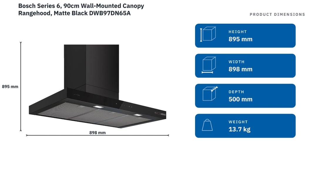 Bosch Series 6, 90cm Wall-Mounted Canopy Rangehood, Matte Black DWB97DN65A — product dimensions