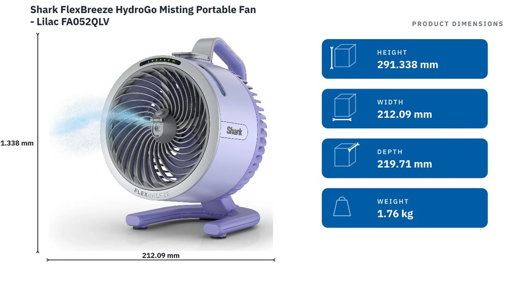 Shark FlexBreeze HydroGo Misting Portable Fan - Lilac FA052QLV — product dimensions