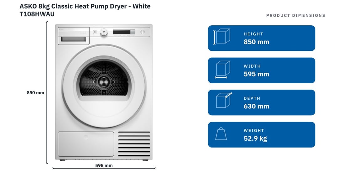 ASKO 8kg Classic Heat Pump Dryer - White T108HWAU