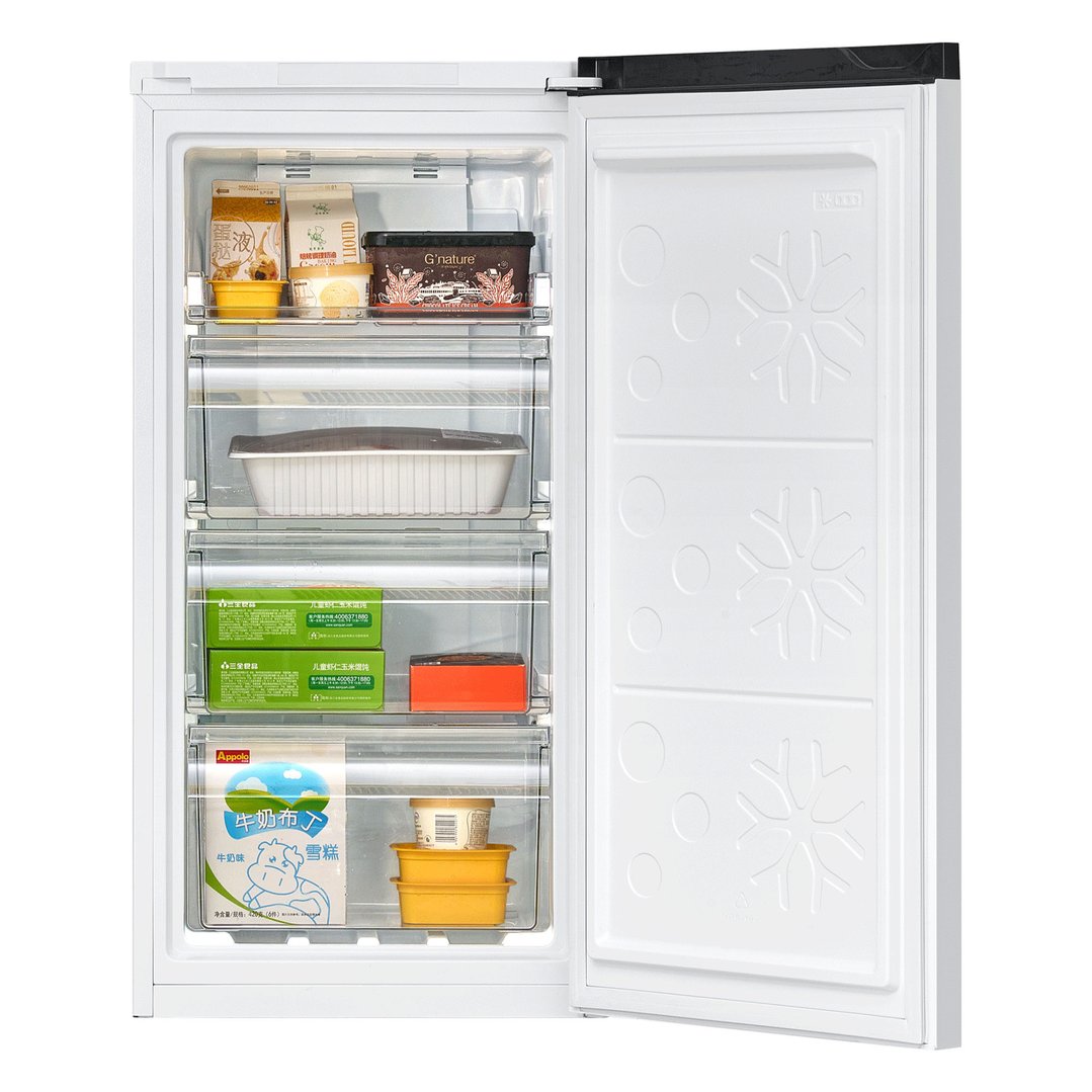 Open white upright freezer filled with various food items