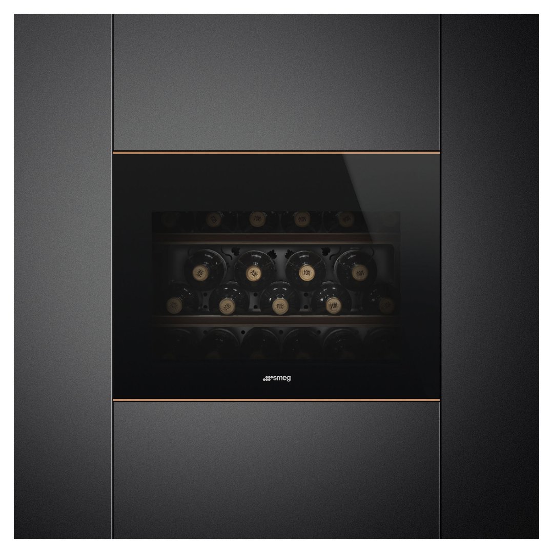 Built-in wine cooler with a dark glass door displaying wine bottles