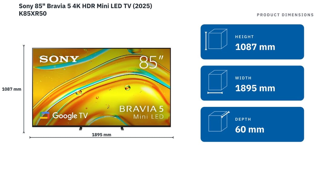 Sony 85" Bravia 5 4K HDR Mini LED TV (2025) K85XR50 — product dimensions