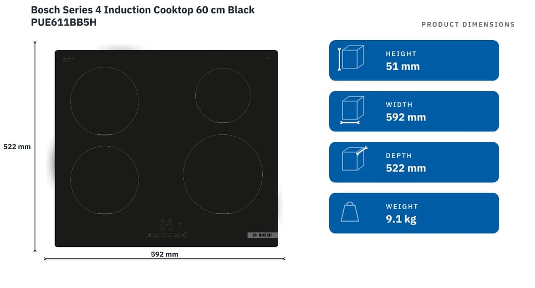 Bosch Series 4 Induction Cooktop 60 cm Black PUE611BB5H — product dimensions