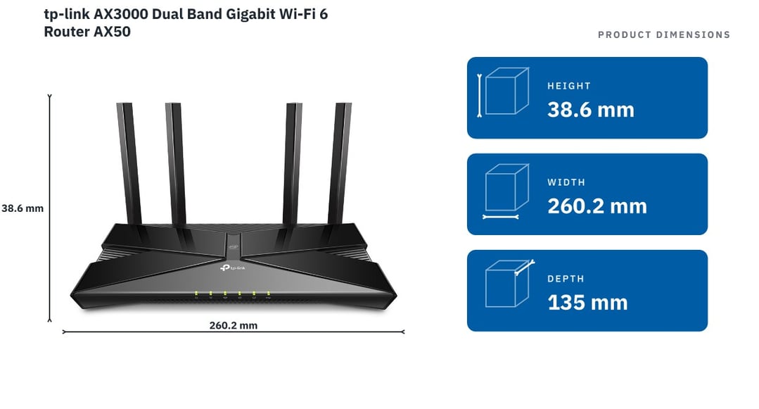 tp-link AX3000 Dual Band Gigabit Wi-Fi 6 Router AX50 — product dimensions