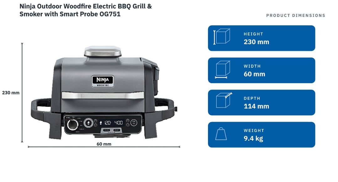 Ninja Outdoor Woodfire Electric BBQ Grill & Smoker with Smart Probe OG751 — product dimensions