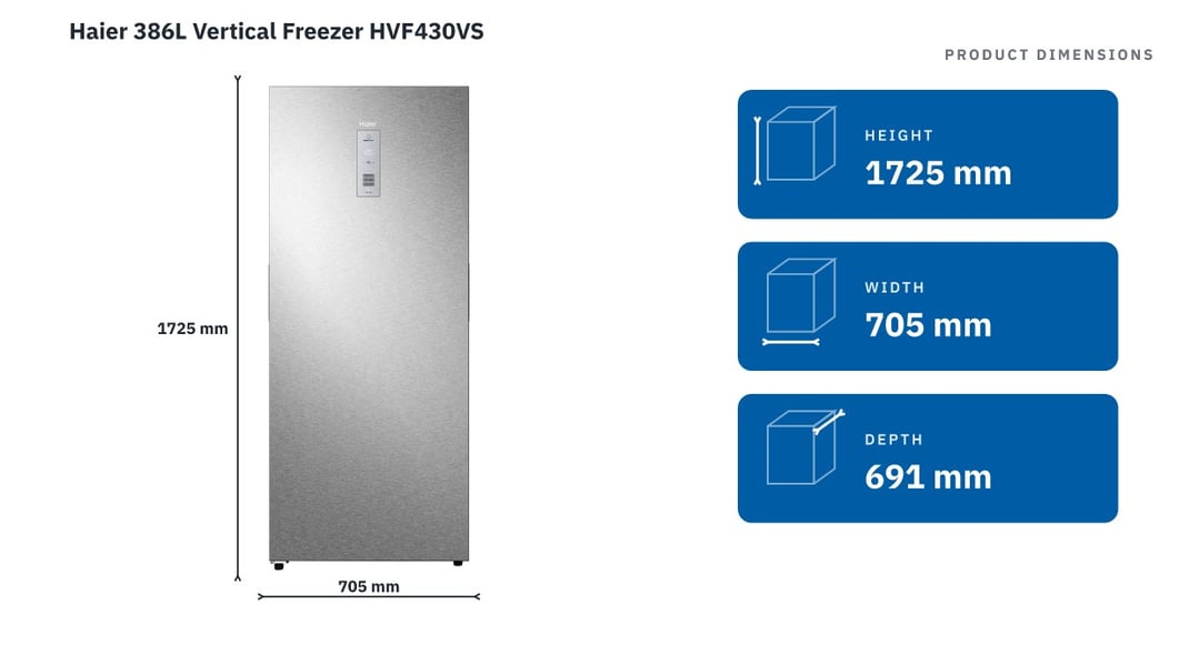 Haier 386L Vertical Freezer HVF430VS — product dimensions