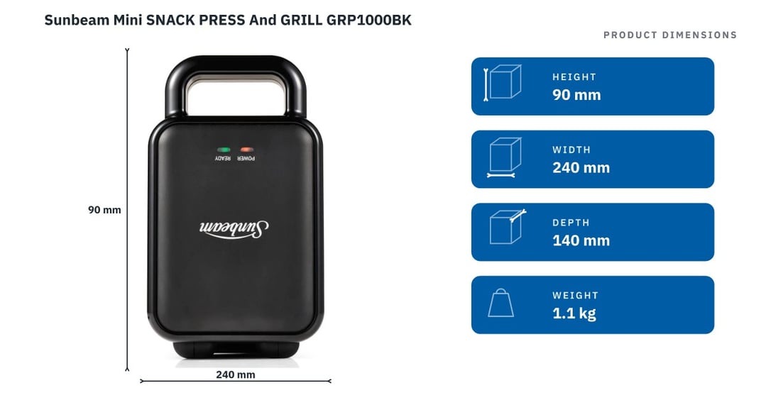 Sunbeam Mini SNACK PRESS And GRILL GRP1000BK — product dimensions