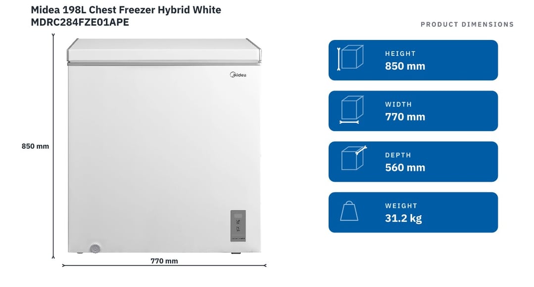 Midea 198L Chest Freezer Hybrid White MDRC284FZE01APE — product dimensions