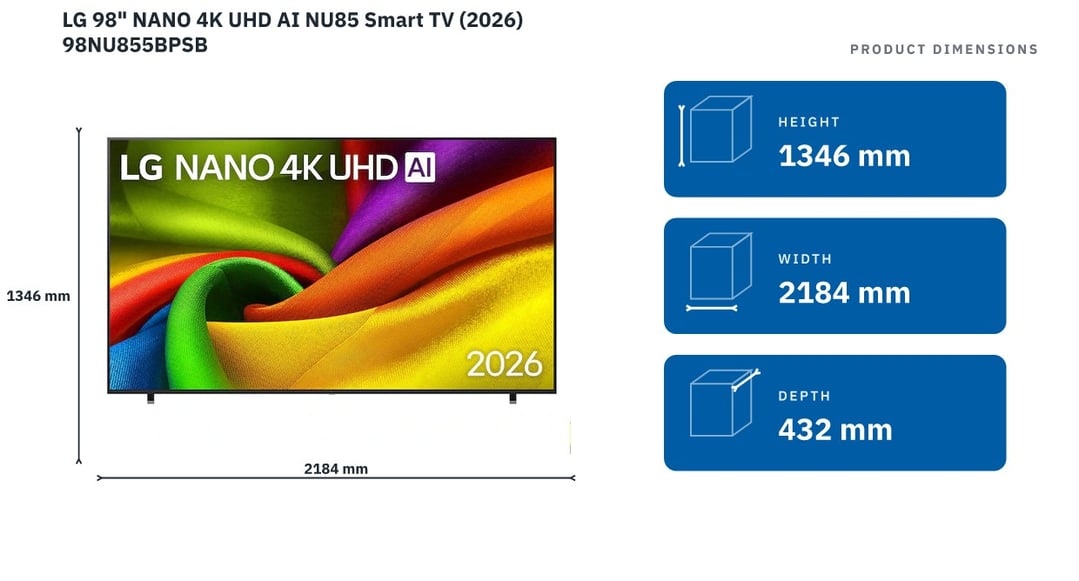 LG 98" NANO 4K UHD AI NU85 Smart TV (2026) 98NU855BPSB — product dimensions