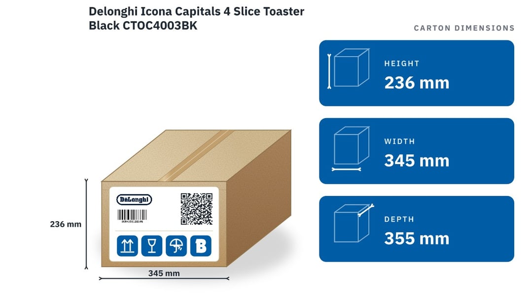 Delonghi Icona Capitals 4 Slice Toaster Black CTOC4003BK — packaged dimensions