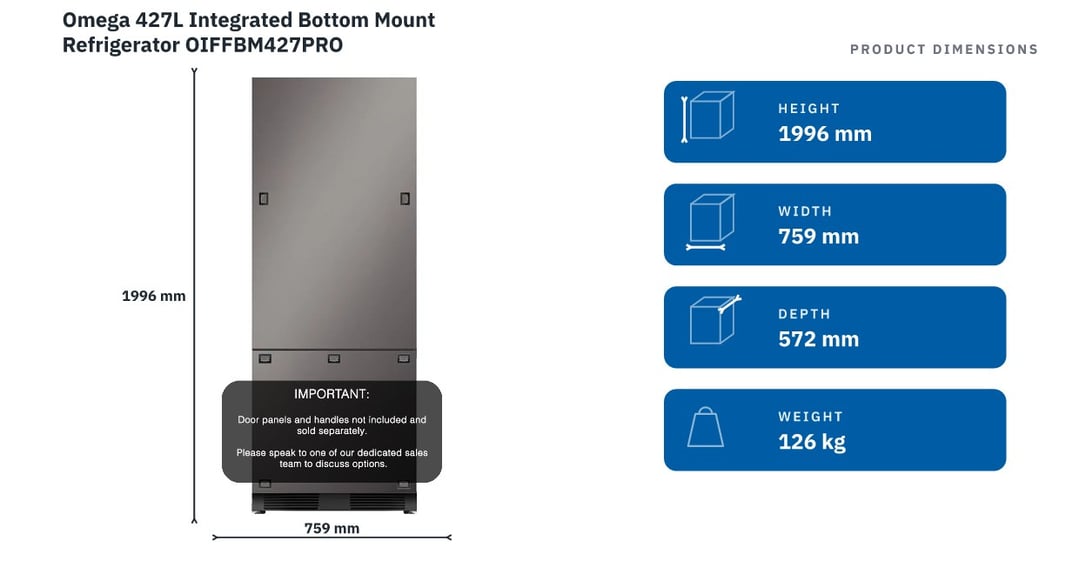Omega 427L Integrated Bottom Mount Refrigerator OIFFBM427PRO