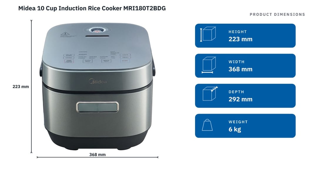 Midea 10 Cup Induction Rice Cooker MRI180T2BDG — product dimensions