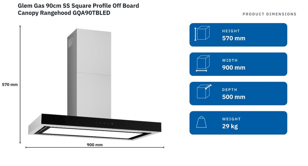 Glem Gas 90cm SS Square Profile Off Board Canopy Rangehood GQA90TBLED — product dimensions