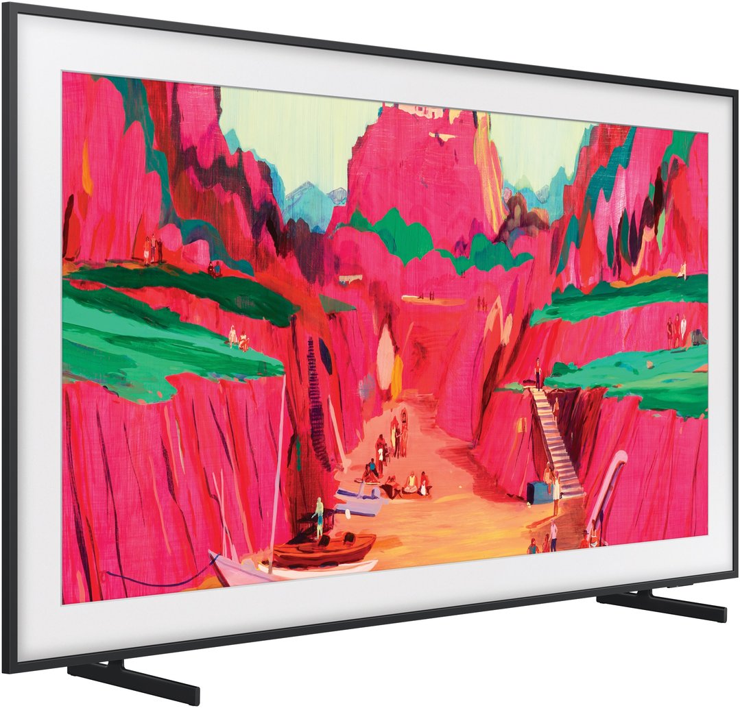A SAMSUNG tv displaying a vibrant painting, on a stand, angled view