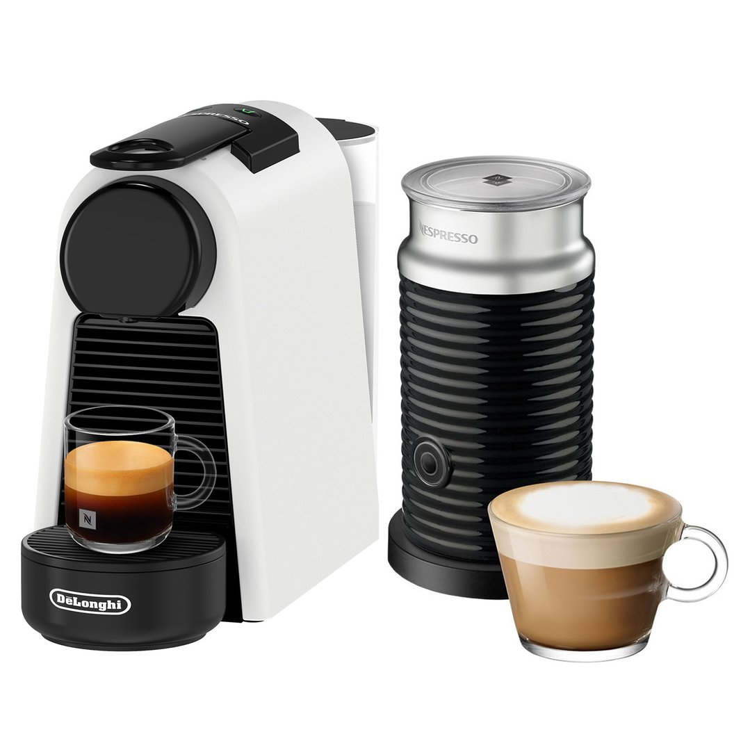 Delonghi Essenza Mini Capsule Coffee Machine with Aeroccino Milk Frother - White EN85WMTAE