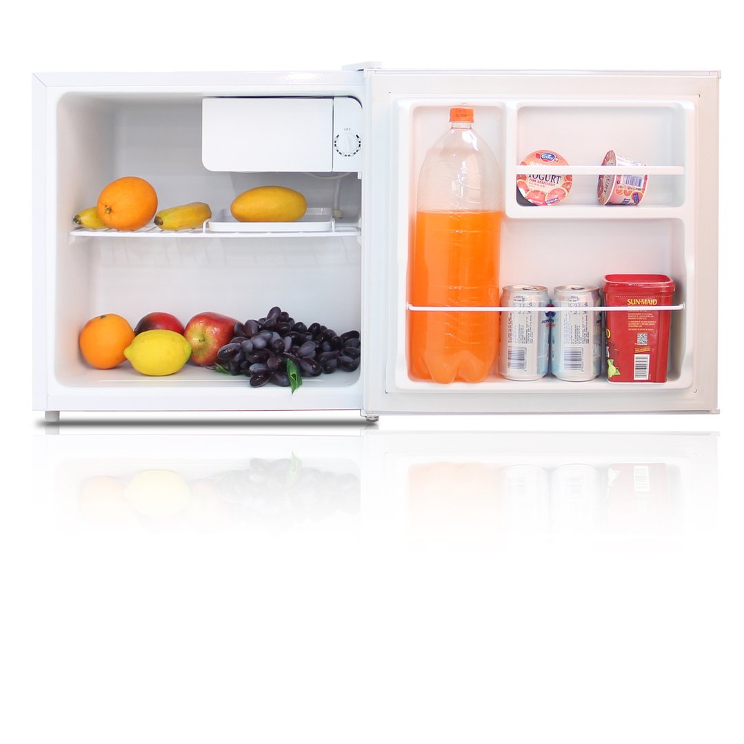 Bar fridge with its door open, showing fruits, drinks, and yogurt inside