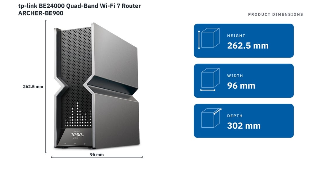 tp-link BE24000 Quad-Band Wi-Fi 7 Router ARCHER-BE900 — product dimensions