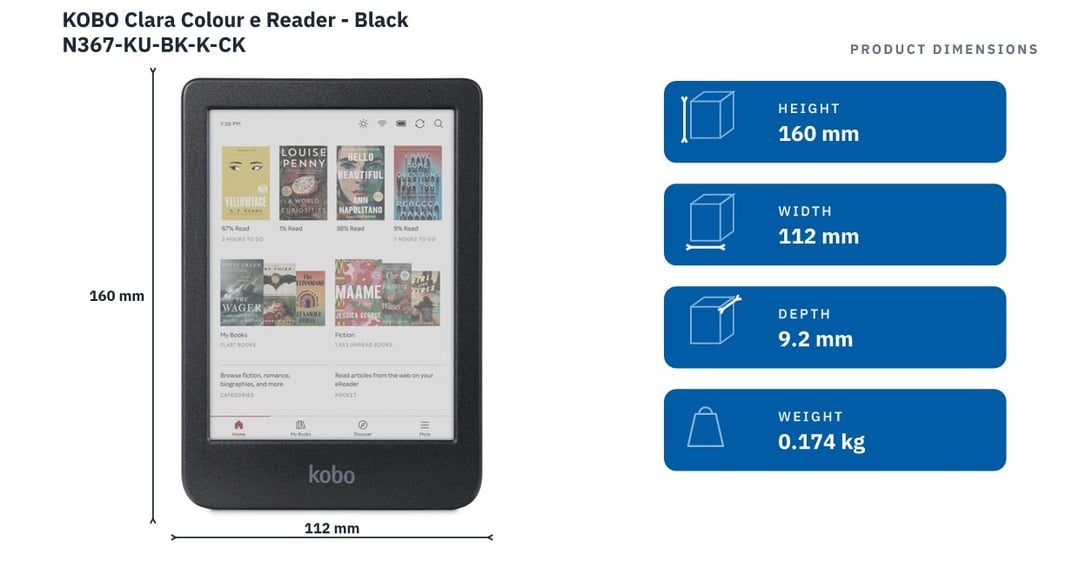 KOBO Clara Colour e Reader - Black N367-KU-BK-K-CK — product dimensions