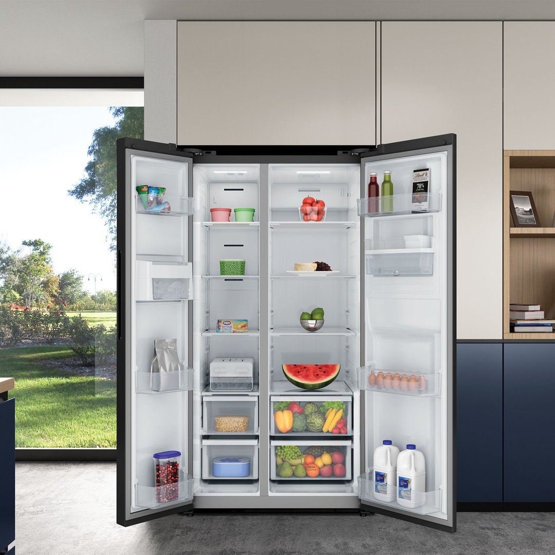 Open Westinghouse 619L Side by Side Fridge in a modern kitchen setting