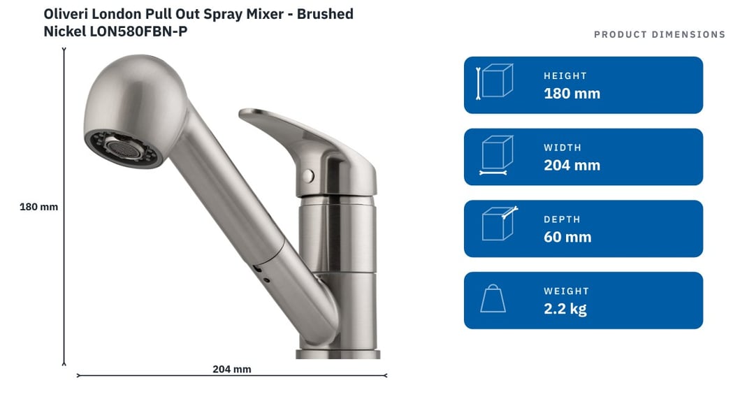 Oliveri London Pull Out Spray Mixer - Brushed Nickel LON580FBN-P