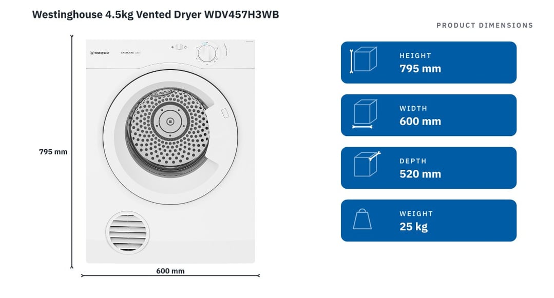 Westinghouse 4.5kg Vented Dryer WDV457H3WB — product dimensions