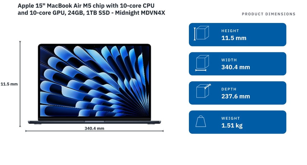 Apple 15" MacBook Air M5 chip with 10‑core CPU and 10‑core GPU, 24GB, 1TB SSD - Midnight MDVN4X/A