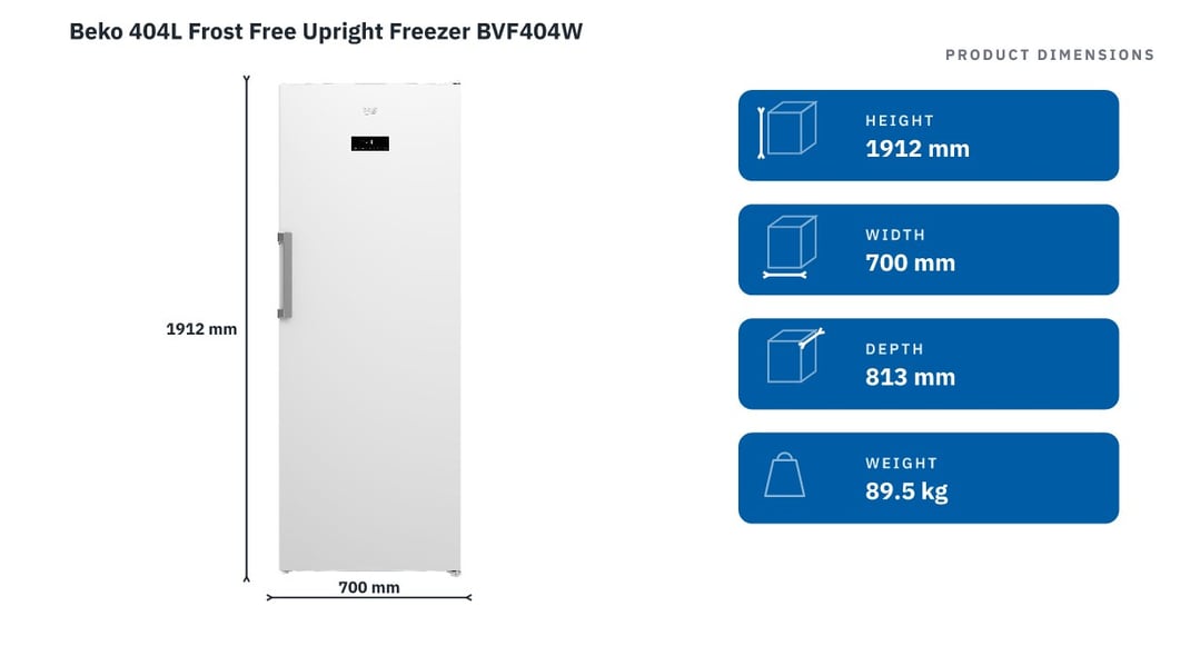 Beko 404L Frost Free Upright Freezer BVF404W — product dimensions