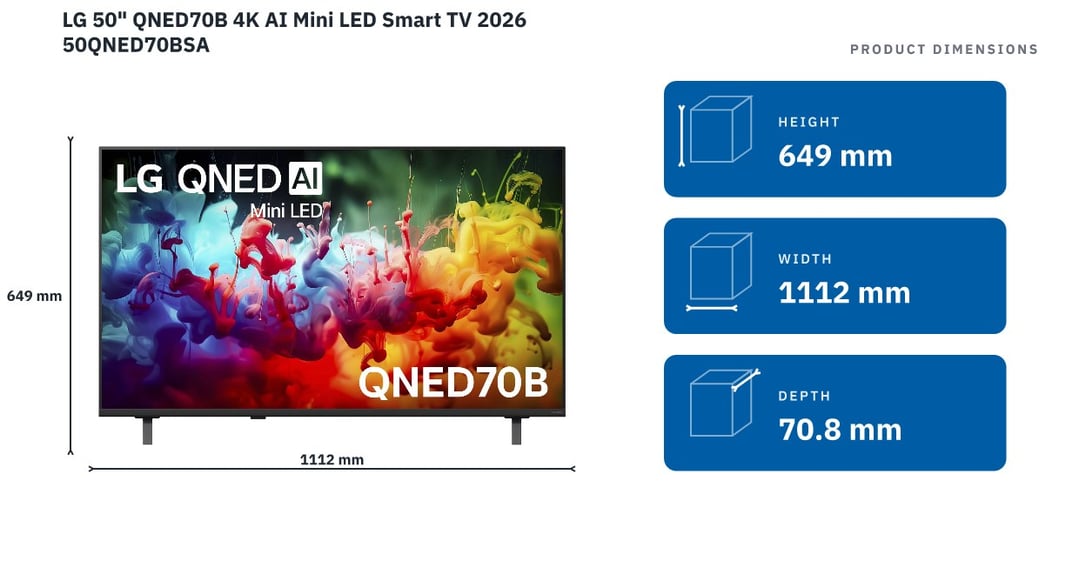 LG 50" QNED70B 4K AI Mini LED Smart TV 2026 50QNED70BSA — product dimensions