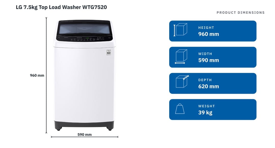 LG 7.5kg Top Load Washer WTG7520 — product dimensions