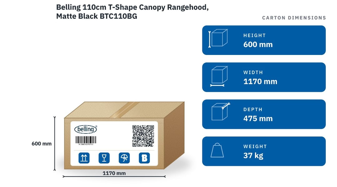 Belling 110cm T-Shape Canopy Rangehood, Matte Black BTC110BG — packaged dimensions