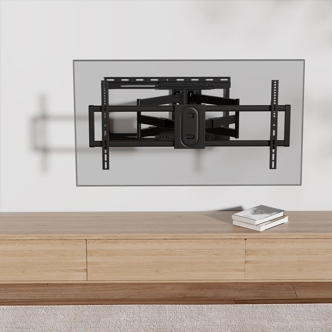 Full motion TV wall mount installed on a wall above a wooden cabinet